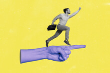 Creative Collage Image Of Huge Hand Point Finger Show Way Mini Guy Black White Gamma Run Flight Success Aim Isolated On Yellow Painted Background