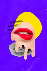 Poster - Vertical collage picture of painted girl face pieces upside down lips eye black white gamma isolated on creative background