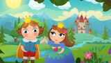 Fototapeta Las - Cartoon castle and prince with princess illustration