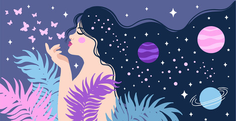 Spiritual girl, space love. dream, thought and meditation concept. vector illustration