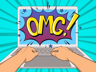 hands working on laptop with a text omg on the screen. pop art vintage vector illustration