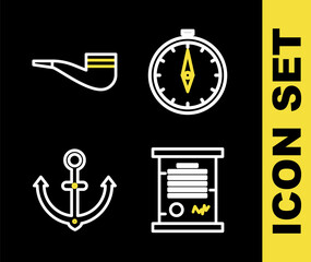 Sticker - Set line Compass, Decree, parchment, scroll, Anchor and Smoking pipe icon. Vector