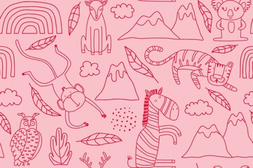 Wall Mural - Cute seamless pattern with wild animals line art.