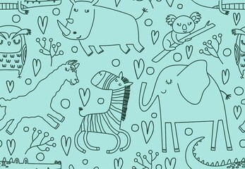 Wall Mural - Cute seamless pattern with wild animals line art.