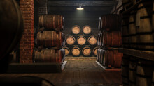 Wine Barrel Storage In The Wine Vault. Barrels Of Cognac, Wine Or Whiskey. Wooden Oak Wine Barrels. Alcohol Warehouse. 3d Illustration