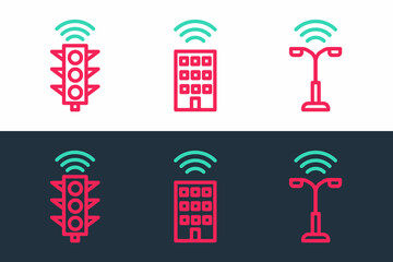 Sticker - Set line Smart street light, traffic and home with wireless icon. Vector