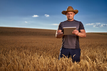 Wall Mural - Farmer with a tablet in a wheat field