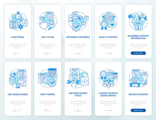 What makes website effective blue onboarding mobile app screen set. Walkthrough 5 steps editable instructions with linear concepts. UI, UX, GUI template. Myriad Pro-Bold, Regular fonts used