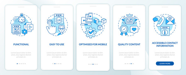 important things in website blue onboarding mobile app screen. walkthrough 5 steps editable graphic 
