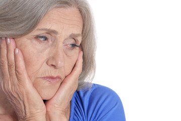 Sticker - Portrait of sad senior woman on white background