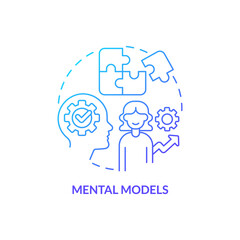 Sticker - Mental models blue gradient concept icon. Basic life skill abstract idea thin line illustration. Cognitive structure. Systems thinking. Isolated outline drawing. Myriad Pro-Bold font used