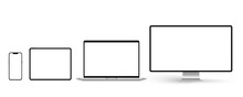 A Set Of Isolated Smart Devices With Blank Screen: Smartphone, Tablet, Laptop And Desktop On White Background. Stock Royalty Free Vector Illustration