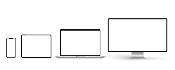 A set of isolated smart devices with blank screen: smartphone, tablet, laptop and desktop on white background. Stock royalty free vector illustration