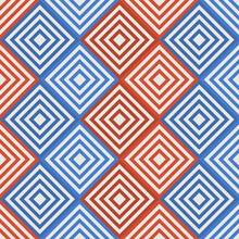 Blue And Red Striped Checkerboard Pattern Of Diamonds. Interior Design And Print For Decoration. Seamless Pattern For Stylish Design.