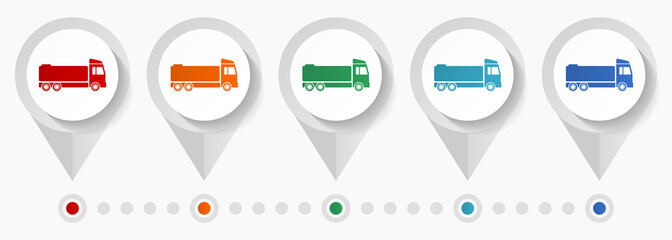 Fototapete - Truck, fuel cistern concept vector icons, editable infographic template, set of colorful flat design pointers