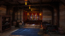 Captain's Quarters In Old Wooden Pirate Ship With Treasure Chest On The Floor And Map On Table By Window. 3D Rendering.