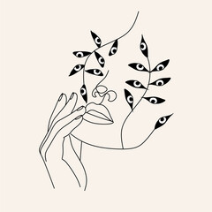 Wall Mural - woman face with leaves line art. Continuous line drawing