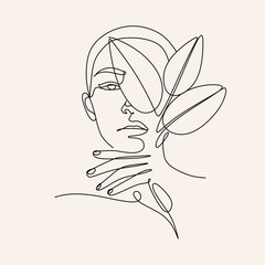 woman face with leaves line art. Continuous line drawing