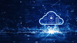 cloud and edge computing technology concept. There is a prominent large cloud icon on the right. There are interconnected polygons and small icons on a dark blue background.