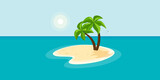 Lonely sandy island with palm tree on beach in middle of blue sea ocean water and summer sunny sky in background. Desert island alone with water around. Minimalist cartoon flat vector illustration.