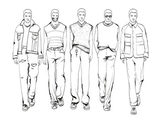 Wall Mural - Fashion man set. Sketch of a fashion man in a jacket on a white background. Autumn man. Street style