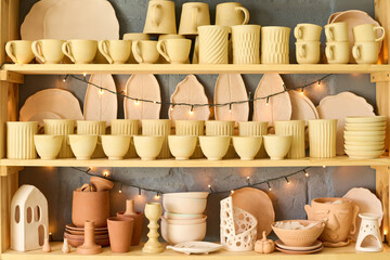 Aufkleber - Large display with variety of handmade earthenware and clay items such as mugs, bowls, pots and plates for sale in small shop of handcraft