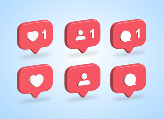 3d social media notification icon set vector, love, like, follow, comment