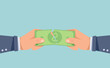 Hands tearing a banknote into two parts. Businessmen can't distribute money. Vector illustration in flat style