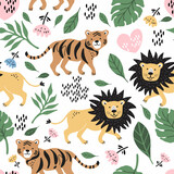 Fototapeta Dziecięca - Seamless pattern with cute cartoon animals. Tropical plants, tigers, lions.