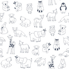  Animals: elephant, bear, giraffe, fox, dog, cat, pig, raccoon, sloth, donkey, owl vector seamless line pattern 