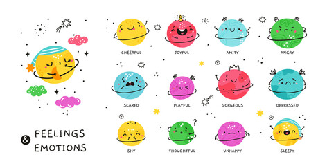 Feelings and emotions characters with cute faces. Vector cartoon characters feelings collection for education concept or kid project. Basic human positive and negative emotions for kids game. 