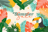 Fototapeta Dinusie - Для ИнтернетаSummer tropical background with flowers, tropical leaves and toucans. The inscription Summer Sale on a background of tropical leaves. Summer Sale concept. Vector illustration