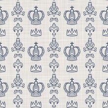 French Blue Crown Motif Seamless Pattern. Tonal Country Cottage Style Abstract Motif Background. Simple Vintage Rustic Fabric Textile Effect. 
