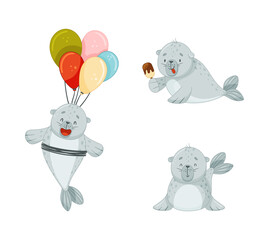 Wall Mural - Cute Baby Seal Eating Eskimo and Flying with Bunch of Balloons Vector Set