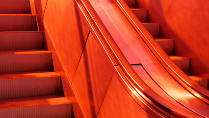 escalator with bright red lighting, stairs, red light exterior moving staircase detail, closeup, nob