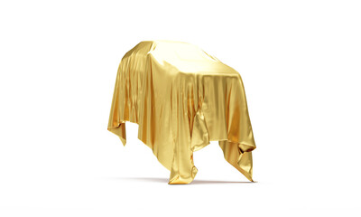 Levitation Car Covered by Gold Fabric Cloth on white background