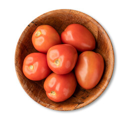 Red tomatoes in a bowl isolated over white background