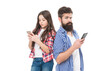 © be free - Phone addicts. Father and daughter use mobile phones. Smartphone addicts. Nomophobia