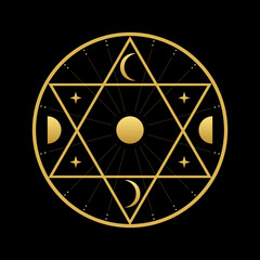 Sticker - Magic circle with star of david and moon phases golden boho on black background vector design.