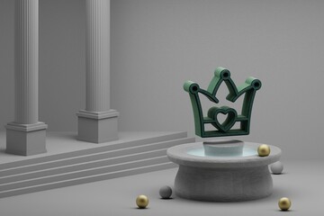 Poster - Beautiful abstract illustrations Green crown with heart symbol icon on a fountain and column background. 3d rendering illustration. Mothers Day.
