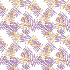  Abstract outline tropical palm leaves seamless pattern. Jungle leaf wallpaper.