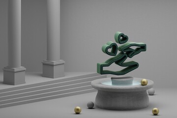 Poster - Beautiful abstract illustrations Green hands with heart symbol icon on a fountain and column background. 3d rendering illustration. Mothers Day.