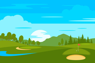 Wall Mural - Golf course with flags, sand bunker and greens.