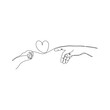 Person's hand receives a symbol of love from cat paw. Continuous one line drawing. Cat love concept.