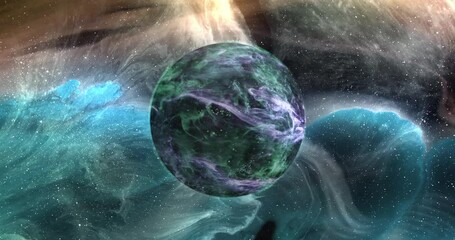 Animation of green planet in blue and yellow galaxy