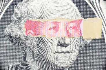 Trade tension or trade war between US and China, two nation conflict, world financial concept : Banknotes of USA and China yuan with a paper peel that reveals a portrait of Mao Zedong and US president