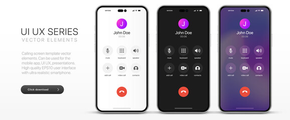 Leinwandbilder - Voice call screen. Mockup incoming call, voicemail screen, smartphone interface vector UI UX template for application. New Call screen template. Mobile app display template. Vector illustration.