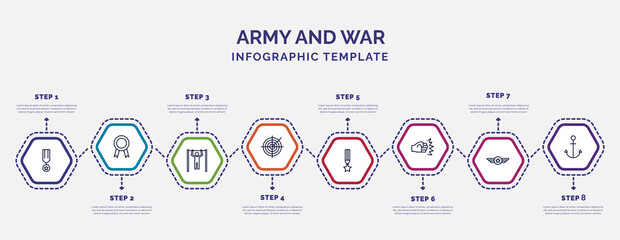 infographic template with icons and 8 options or steps. infographic for army and war concept. included veteran, pull up, militar radar, militaty medal, assault, air force, naval icons.