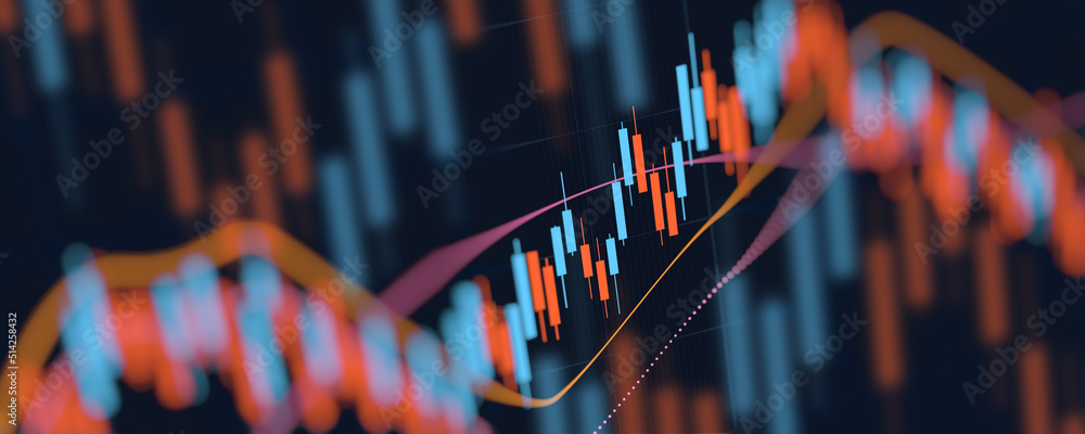 Closeup financial chart with uptrend line candlestick graph in stock ...
