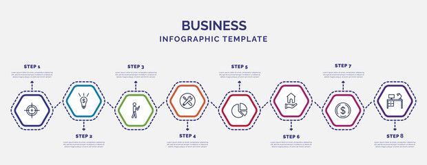 Wall Mural - infographic template with icons and 8 options or steps. infographic for business concept. included target, man looking, tool button, pie chart statistics, home insurance, dollar currency, work table